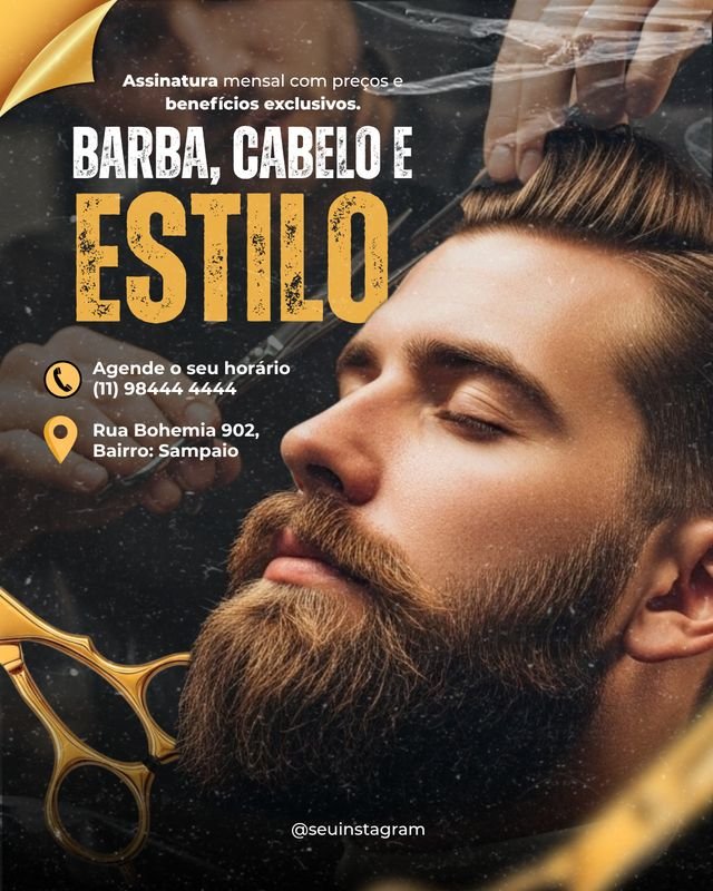 Arte para barbearia com assinatura mensal, telefone e endereço.