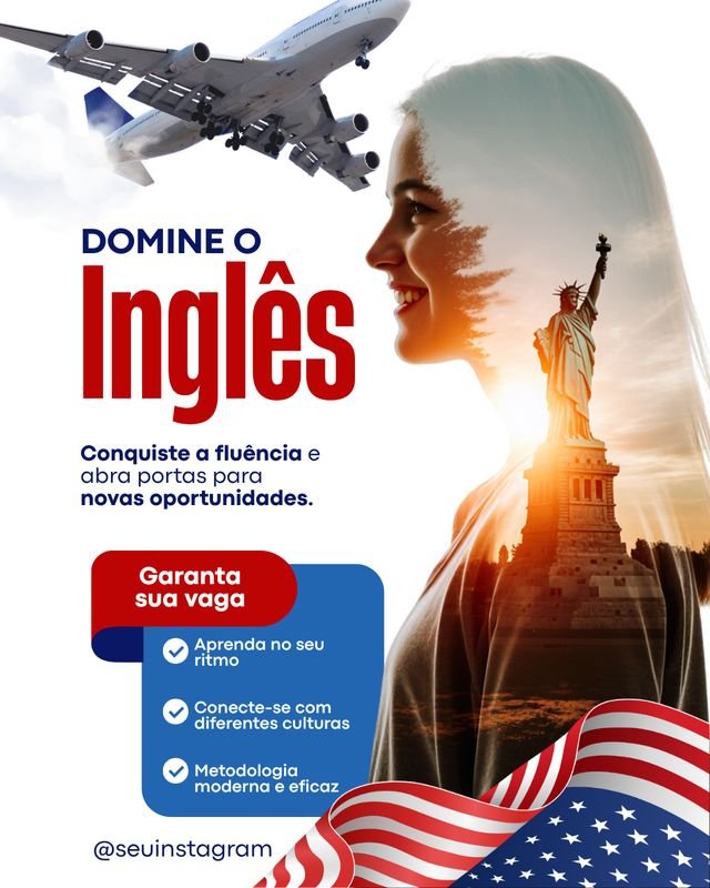 Arte para divulgação de curso de inglês, com foto e chamada para garantir vaga.