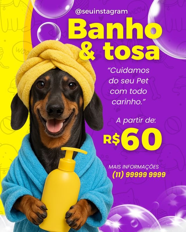 Arte para serviço de banho e tosa, com preço a partir de R$60 e telefone.